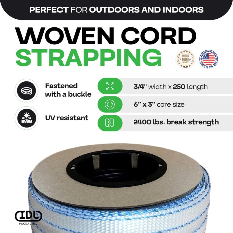 IDL Packaging 3/4" x 250' Mini Woven Cord Strapping Roll of 6" x 3" Core Size, 2400 lbs Break Strength, White (Pack of 1) - Poly Cord Strapping with Re-Tightening Option - Image 2